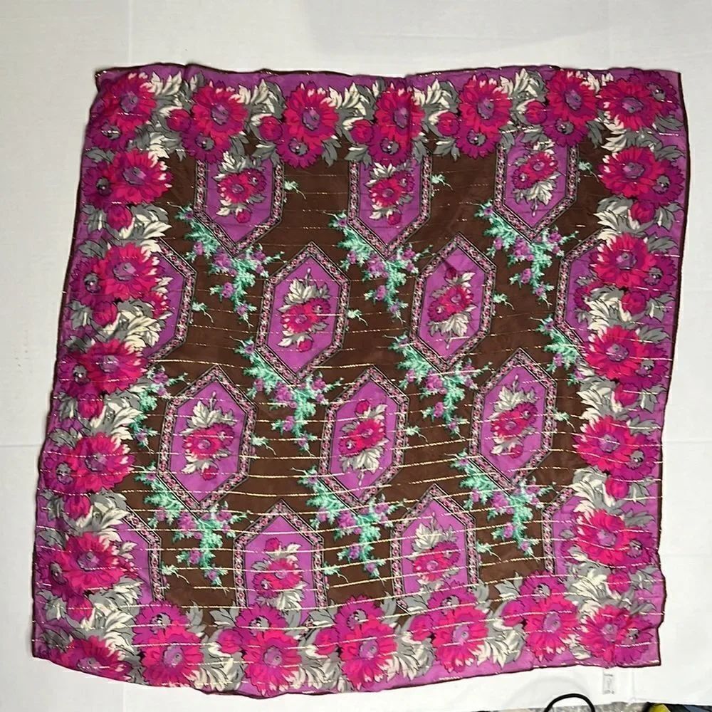 Oscar De la Renta brown and purple silk scarf with metallic details